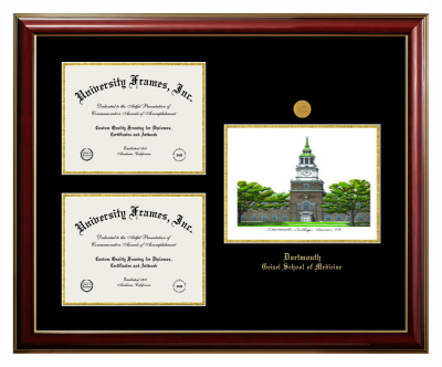 Dartmouth Geisel School of Medicine Triple Opening with Campus Image Frame in Classic Mahogany with Gold Trim with Black & Gold Mats for document: 8 1/2"h x 11"w  , document: 8 1/2"h x 11"w  