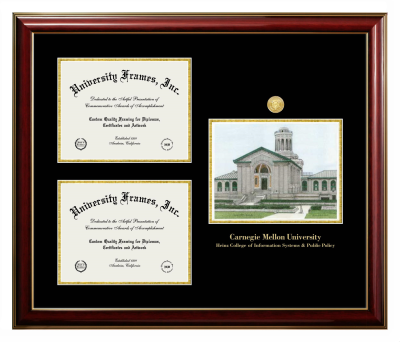 Carnegie Mellon University Heinz College of Information Systems and Public Policy Triple Opening with Campus Image Frame in Classic Mahogany with Gold Trim with Black & Gold Mats for document: 8 1/2"h x 11"w  , document: 8 1/2"h x 11"w  
