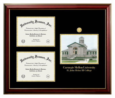 Carnegie Mellon University H. John Heinz III College Triple Opening with Campus Image Frame in Classic Mahogany with Gold Trim with Black & Gold Mats for document: 8 1/2"h x 11"w  , document: 8 1/2"h x 11"w  