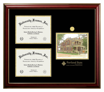 Portland State University School of Business Administration Triple Opening with Campus Image Frame in Classic Mahogany with Gold Trim with Black & Gold Mats for document: 8 1/2"h x 11"w  , document: 8 1/2"h x 11"w  