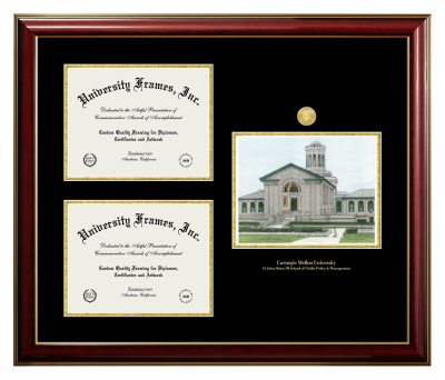 Carnegie Mellon University H. John Heinz III School of Public Policy and Management Triple Opening with Campus Image Frame in Classic Mahogany with Gold Trim with Black & Gold Mats for DOCUMENT: 8 1/2"H X 11"W  , DOCUMENT: 8 1/2"H X 11"W  