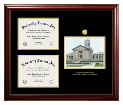 Carnegie Mellon University Dietrich College of Humanities and Social Sciences Triple Opening with Campus Image Frame in Classic Mahogany with Gold Trim with Black & Gold Mats for document: 8 1/2"h x 11"w  , document: 8 1/2"h x 11"w  