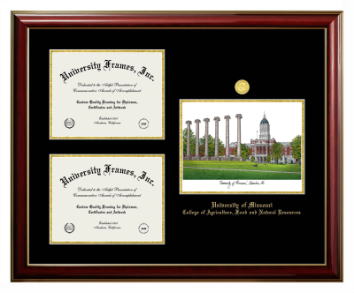 University of Missouri College of Agriculture, Food and Natural Resources Triple Opening with Campus Image Frame in Classic Mahogany with Gold Trim with Black & Gold Mats for document: 8 1/2"h x 11"w  , document: 8 1/2"h x 11"w  