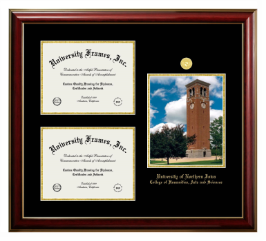 University of Northern Iowa College of Humanities, Arts and Sciences Triple Opening with Campus Image Frame in Classic Mahogany with Gold Trim with Black & Gold Mats for DOCUMENT: 8 1/2"H X 11"W  , DOCUMENT: 8 1/2"H X 11"W  