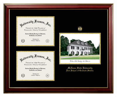 McNeese State University Doré School of Graduate Studies Triple Opening with Campus Image Frame in Classic Mahogany with Gold Trim with Black & Gold Mats for document: 8 1/2"h x 11"w  , document: 8 1/2"h x 11"w  
