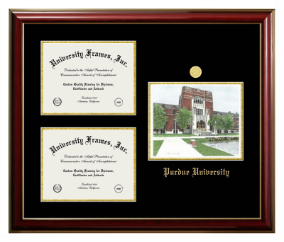 Purdue University Triple Opening with Campus Image Frame in Classic Mahogany with Gold Trim with Black & Gold Mats for  7"h x 9"w  ,  7"h x 9"w  