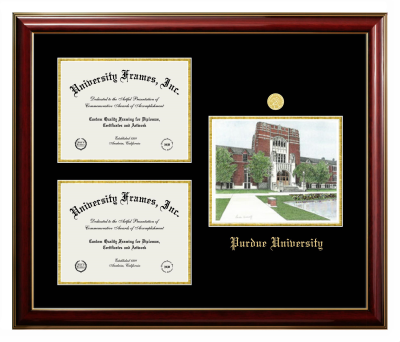 Purdue University Triple Opening with Campus Image Frame in Classic Mahogany with Gold Trim with Black & Gold Mats for DOCUMENT: 8 1/2"H X 11"W  , DOCUMENT: 8 1/2"H X 11"W  