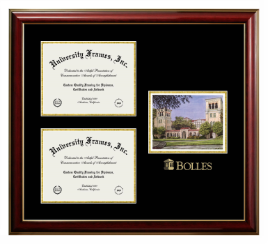 Bolles School Triple Opening with Campus Image Frame in Classic Mahogany with Gold Trim with Black & Gold Mats for DOCUMENT: 8 1/2"H X 11"W  , DOCUMENT: 8 1/2"H X 11"W  