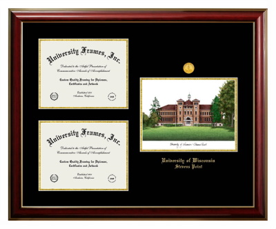 University of Wisconsin - Stevens Point Triple Opening with Campus Image Frame in Classic Mahogany with Gold Trim with Black & Gold Mats for  8"h x 10"w  ,  8"h x 10"w  