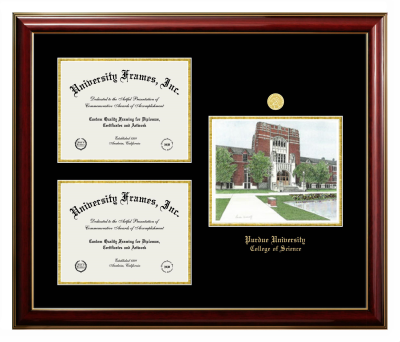 Purdue University College of Science Triple Opening with Campus Image Frame in Classic Mahogany with Gold Trim with Black & Gold Mats for document: 8 1/2"h x 11"w  , document: 8 1/2"h x 11"w  