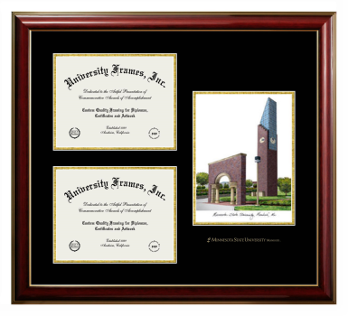 Minnesota State University Mankato Triple Opening with Campus Image Frame in Classic Mahogany with Gold Trim with Black & Gold Mats for  8 1/2"h x 11"w  ,  8 1/2"h x 11"w  