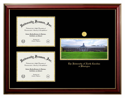 University of North Carolina at Wilmington Triple Opening with Campus Image Frame in Classic Mahogany with Gold Trim with Black & Gold Mats for DOCUMENT: 8 1/2"H X 11"W  , DOCUMENT: 8 1/2"H X 11"W  
