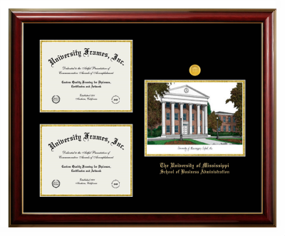 University of Mississippi School of Business Administration Triple Opening with Campus Image Frame in Classic Mahogany with Gold Trim with Black & Gold Mats for document: 8 1/2"h x 11"w  , document: 8 1/2"h x 11"w  