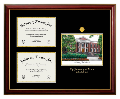 Triple Opening with Campus Image Frame in Classic Mahogany with Gold Trim with Black & Gold Mats for DOCUMENT: 8 1/2"H X 11"W  , DOCUMENT: 8 1/2"H X 11"W  