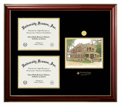Portland State University Maseeh College of Engineering & Computer Science Triple Opening with Campus Image Frame in Classic Mahogany with Gold Trim with Black & Gold Mats for document: 8 1/2"h x 11"w  , document: 8 1/2"h x 11"w  
