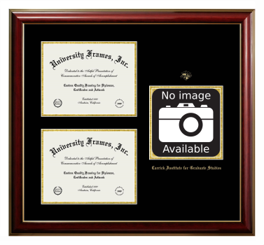 Carrick Institute for Graduate Studies Triple Opening with Campus Image Frame in Classic Mahogany with Gold Trim with Black & Gold Mats for DOCUMENT: 8 1/2"H X 11"W  , DOCUMENT: 8 1/2"H X 11"W  