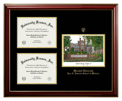Marshall University Joan C. Edwards School of Medicine Triple Opening with Campus Image Frame in Classic Mahogany with Gold Trim with Black & Gold Mats for document: 8 1/2"h x 11"w  , document: 8 1/2"h x 11"w  