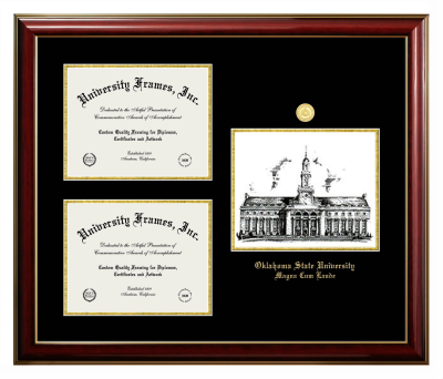 Oklahoma State University Magna Cum Laude Triple Opening with Campus Image Frame in Classic Mahogany with Gold Trim with Black & Gold Mats for document: 8 1/2"h x 11"w  , document: 8 1/2"h x 11"w  