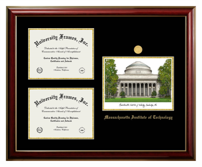 Massachusetts Institute of Technology Triple Opening with Campus Image Frame in Classic Mahogany with Gold Trim with Black & Gold Mats for document: 8 1/2"h x 11"w  , document: 8 1/2"h x 11"w  