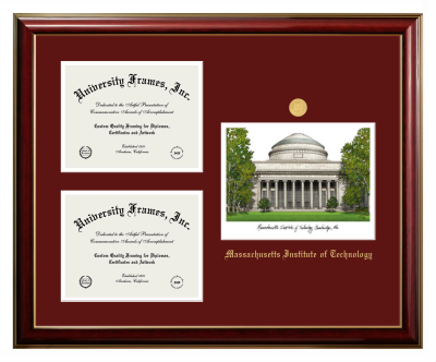 Massachusetts Institute of Technology Triple Opening with Campus Image Frame in Classic Mahogany with Gold Trim with Black & Gold Mats for DOCUMENT: 8 1/2"H X 11"W  , DOCUMENT: 8 1/2"H X 11"W  