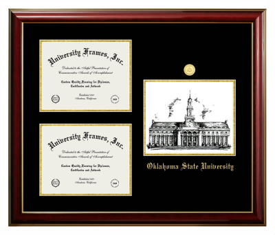 Oklahoma State University Triple Opening with Campus Image Frame in Classic Mahogany with Gold Trim with Black & Gold Mats for DOCUMENT: 8 1/2"H X 11"W  , DOCUMENT: 8 1/2"H X 11"W  