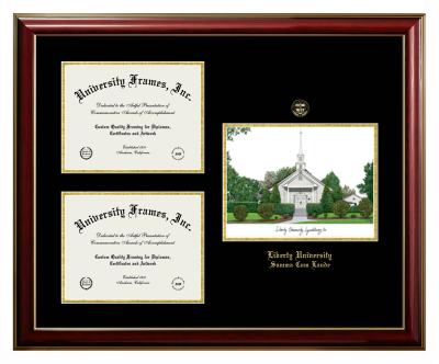 Liberty University Summa Cum Laude Triple Opening with Campus Image Frame in Classic Mahogany with Gold Trim with Black & Gold Mats for document: 8 1/2"h x 11"w  , document: 8 1/2"h x 11"w  
