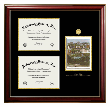 Ithaca College Division of Interdisciplinary and International Studies Triple Opening with Campus Image Frame in Classic Mahogany with Gold Trim with Black & Gold Mats for DOCUMENT: 8 1/2"H X 11"W  , DOCUMENT: 8 1/2"H X 11"W  