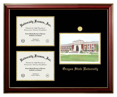 Oregon State University Triple Opening with Campus Image Frame in Classic Mahogany with Gold Trim with Black & Gold Mats for DOCUMENT: 8 1/2"H X 11"W  , DOCUMENT: 8 1/2"H X 11"W  