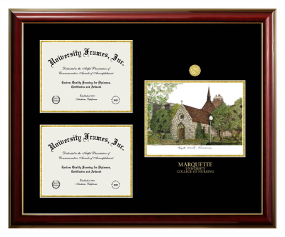 Marquette University College of Nursing Triple Opening with Campus Image Frame in Classic Mahogany with Gold Trim with Black & Gold Mats for document: 8 1/2"h x 11"w  , document: 8 1/2"h x 11"w  
