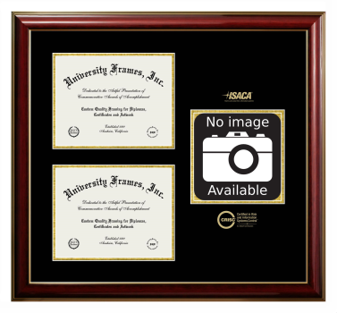 Certified in Risk and Information Systems Control (ISACA) Triple Opening with Campus Image Frame in Classic Mahogany with Gold Trim with Black & Gold Mats for DOCUMENT: 8 1/2"H X 11"W  , DOCUMENT: 8 1/2"H X 11"W  