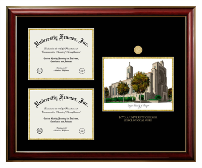 Loyola University Chicago School of Social Work Triple Opening with Campus Image Frame in Classic Mahogany with Gold Trim with Black & Gold Mats for DOCUMENT: 8 1/2"H X 11"W  , DOCUMENT: 8 1/2"H X 11"W  