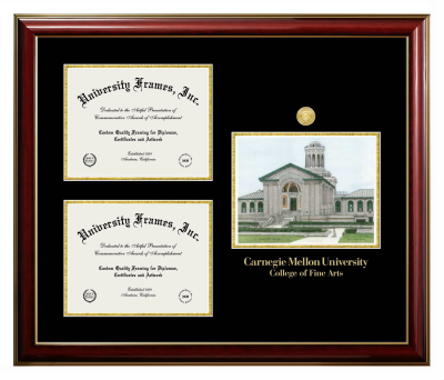 Carnegie Mellon University College of Fine Arts Triple Opening with Campus Image Frame in Classic Mahogany with Gold Trim with Black & Gold Mats for document: 8 1/2"h x 11"w  , document: 8 1/2"h x 11"w  