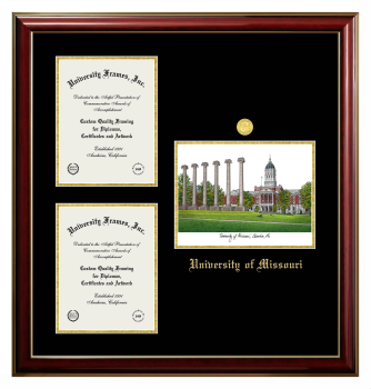 Triple Opening with Campus Image Frame in Classic Mahogany with Gold Trim with Black & Gold Mats for  11"H X 8 1/2"W  ,  11"H X 8 1/2"W  