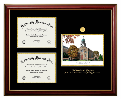 University of Dayton School of Education and Health Sciences Triple Opening with Campus Image Frame in Classic Mahogany with Gold Trim with Black & Gold Mats for document: 8 1/2"h x 11"w  , document: 8 1/2"h x 11"w  