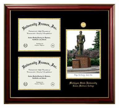 Michigan State University James Madison College Triple Opening with Campus Image Frame in Classic Mahogany with Gold Trim with Black & Gold Mats for document: 8 1/2"h x 11"w  , document: 8 1/2"h x 11"w  