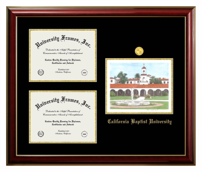 California Baptist University Triple Opening with Campus Image Frame in Classic Mahogany with Gold Trim with Black & Gold Mats for DOCUMENT: 8 1/2"H X 11"W  , DOCUMENT: 8 1/2"H X 11"W  