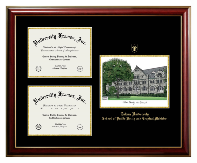 Tulane University School of Public Health and Tropical Medicine Triple Opening with Campus Image Frame in Classic Mahogany with Gold Trim with Black & Gold Mats for document: 8 1/2"h x 11"w  , document: 8 1/2"h x 11"w  