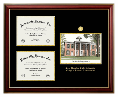 Sam Houston State University College of Business Administration Triple Opening with Campus Image Frame in Classic Mahogany with Gold Trim with Black & Gold Mats for document: 8 1/2"h x 11"w  , document: 8 1/2"h x 11"w  