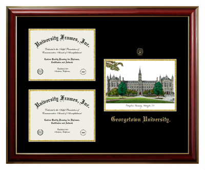 Georgetown University Triple Opening with Campus Image Frame in Classic Mahogany with Gold Trim with Black & Gold Mats for DOCUMENT: 8 1/2"H X 11"W  , DOCUMENT: 8 1/2"H X 11"W  