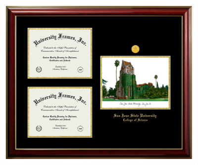 San Jose State University College of Science Triple Opening with Campus Image Frame in Classic Mahogany with Gold Trim with Black & Gold Mats for document: 8 1/2"h x 11"w  , document: 8 1/2"h x 11"w  