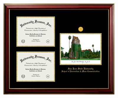 San Jose State University School of Journalism & Mass Communication Triple Opening with Campus Image Frame in Classic Mahogany with Gold Trim with Black & Gold Mats for document: 8 1/2"h x 11"w  , document: 8 1/2"h x 11"w  