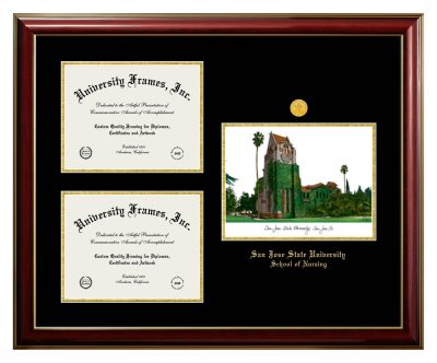 San Jose State University School of Nursing Triple Opening with Campus Image Frame in Classic Mahogany with Gold Trim with Black & Gold Mats for DOCUMENT: 8 1/2"H X 11"W  , DOCUMENT: 8 1/2"H X 11"W  