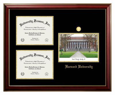 Harvard University Triple Opening with Campus Image Frame in Classic Mahogany with Gold Trim with Black & Gold Mats for DOCUMENT: 8 1/2"H X 11"W  , DOCUMENT: 8 1/2"H X 11"W  