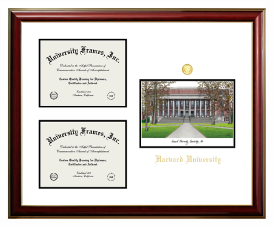Harvard University Triple Opening with Campus Image Frame in Classic Mahogany with Gold Trim with White & Black Mats for DOCUMENT: 8 1/2"H X 11"W  , DOCUMENT: 8 1/2"H X 11"W  