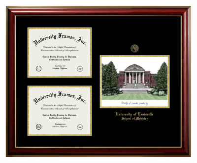 University of Louisville School of Medicine Triple Opening with Campus Image Frame in Classic Mahogany with Gold Trim with Black & Gold Mats for DOCUMENT: 8 1/2"H X 11"W  , DOCUMENT: 8 1/2"H X 11"W  