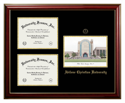 Abilene Christian University Triple Opening with Campus Image Frame in Classic Mahogany with Gold Trim with Black & Gold Mats for DOCUMENT: 8 1/2"H X 11"W  , DOCUMENT: 8 1/2"H X 11"W  