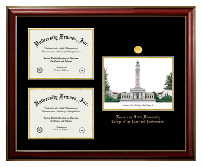 Louisiana State University College of the Coast and Environment Triple Opening with Campus Image Frame in Classic Mahogany with Gold Trim with Black & Gold Mats for document: 8 1/2"h x 11"w  , document: 8 1/2"h x 11"w  