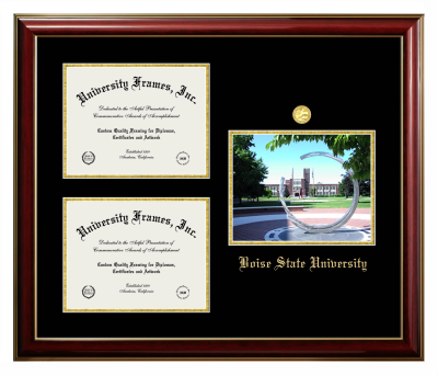 Boise State University Triple Opening with Campus Image Frame in Classic Mahogany with Gold Trim with Black & Gold Mats for DOCUMENT: 8 1/2"H X 11"W  , DOCUMENT: 8 1/2"H X 11"W  