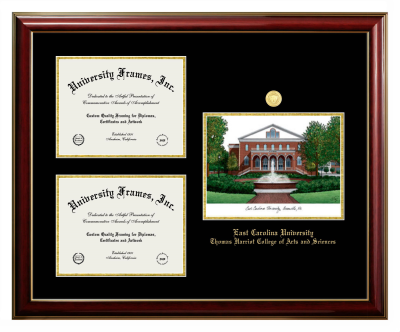East Carolina University Thomas Harriot College of Arts and Sciences Triple Opening with Campus Image Frame in Classic Mahogany with Gold Trim with Black & Gold Mats for document: 8 1/2"h x 11"w  , document: 8 1/2"h x 11"w  