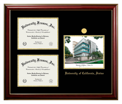 University of California Irvine Triple Opening with Campus Image Frame in Classic Mahogany with Gold Trim with Black & Gold Mats for DOCUMENT: 8 1/2"H X 11"W  , DOCUMENT: 8 1/2"H X 11"W  